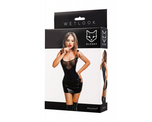 Платье Glossy Rimma с сеточкой из материала Wetlook, черное, L