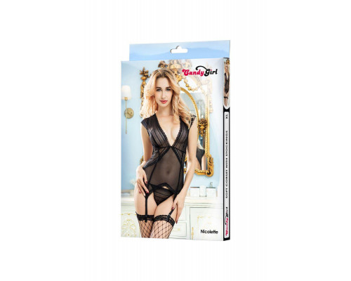 Комплект Candy Girl Nicolette (корсет, трусики, чулки), черный, XL