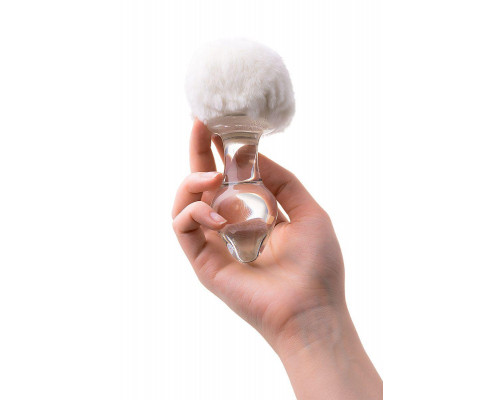 Анальная втулка Sexus Glass, с белым хвостиком, стекло, прозрачная, 14 см, Ø 4 см