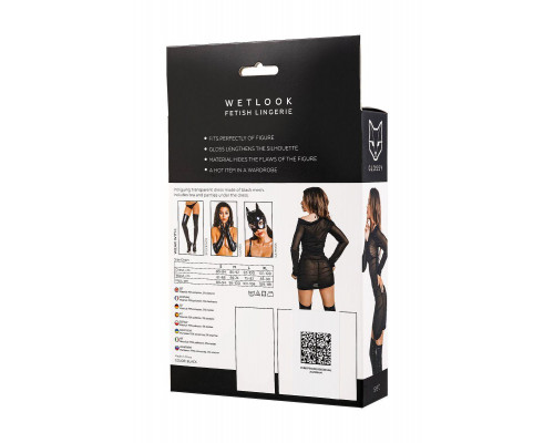 Комплект Glossy Sheril платье сетка, лиф и трусики из материала Wetlook, черный, M